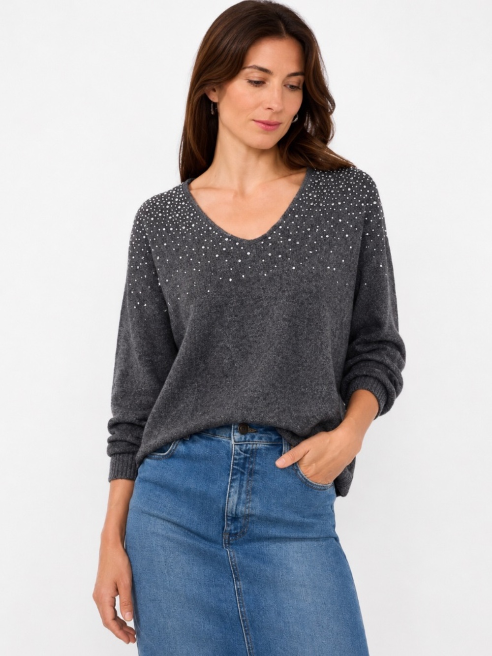 Vince Camuto V-Neck Gray Sweater with Silver Studs